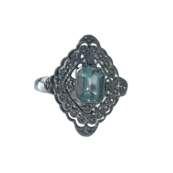 10K White Gold 1.0CT Blue Topaz & Real Diamond 2.9G Women’s Ring size 8